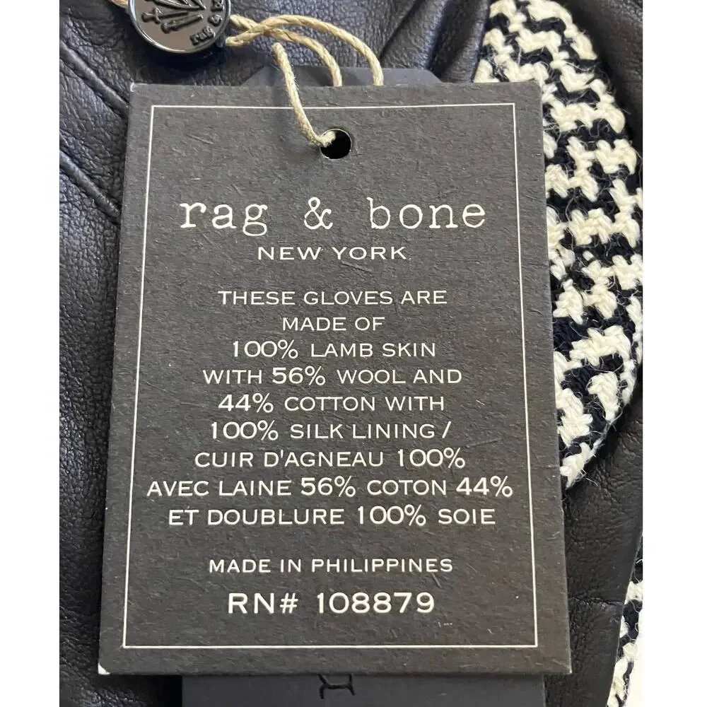 New Rag & Bone Houndstooth Black White Lambskin Beacon Gloves Size 6.5